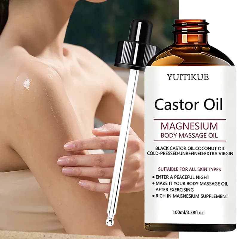 Huile de massage corporelle au magnésium et à l'huile de ricin YUITIKUE |   Huile de ricin noire et huile de noix de coco |   Soin relaxant pour la peau après l'exercice 100ml