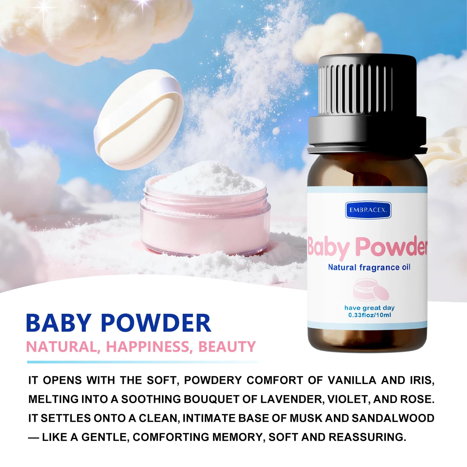 Huile essentielle en poudre pour bébé, 10ml, parfum longue durée, parfum chaud et doux, soins du corps, huile de Massage, cadeau pour amis