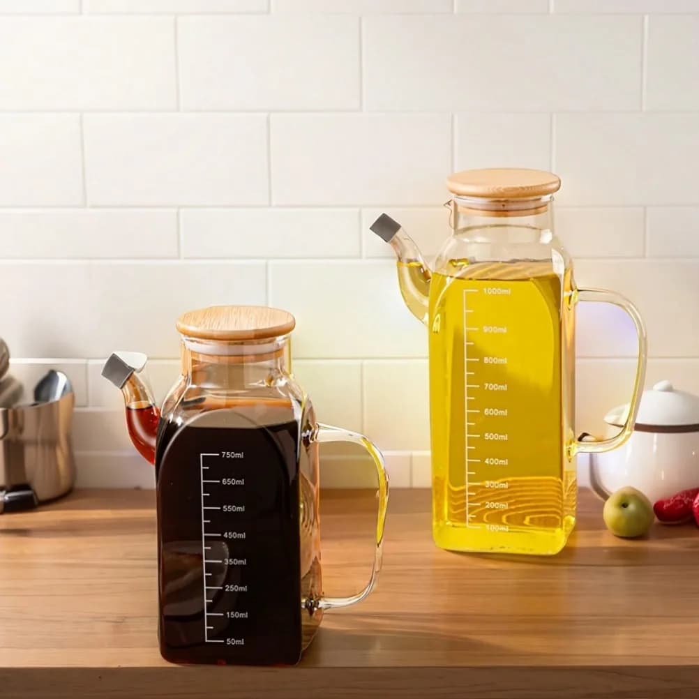 Pot à huile en verre de 1000ml, Pot à vinaigre de grande capacité avec couvercle avec marquages de mesure, lavage des mains uniquement, accessoires de cuisine à usage domestique