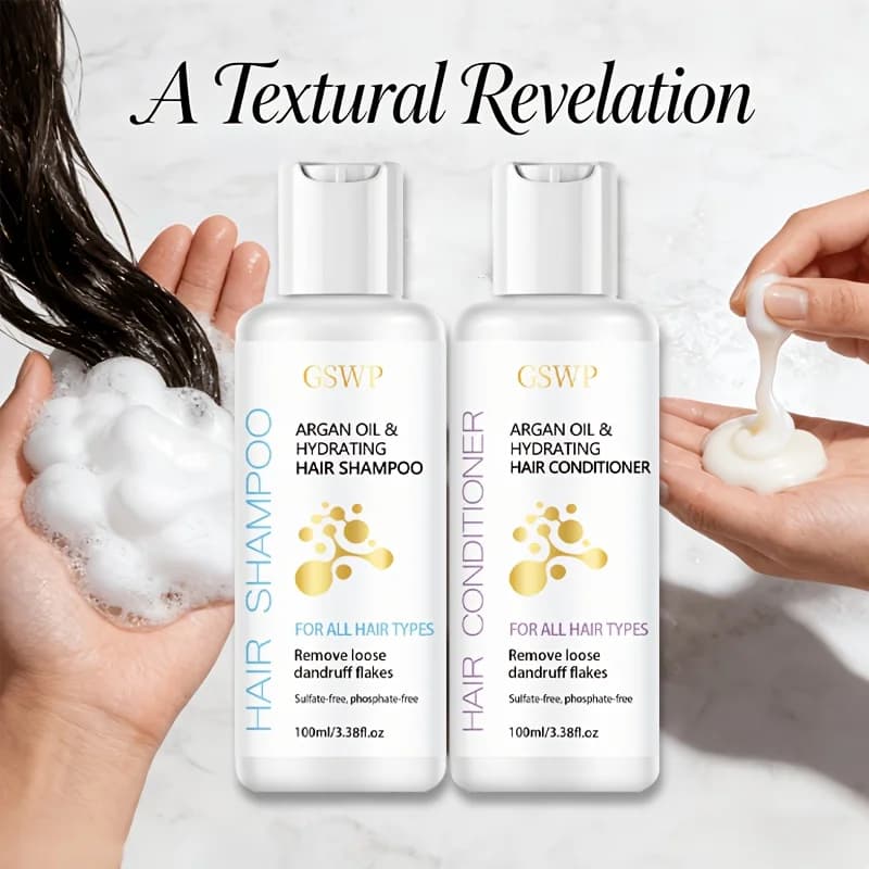 Ensemble shampoing et après-shampoing hydratant à l'huile d'argan GSWP. Hydratation intense