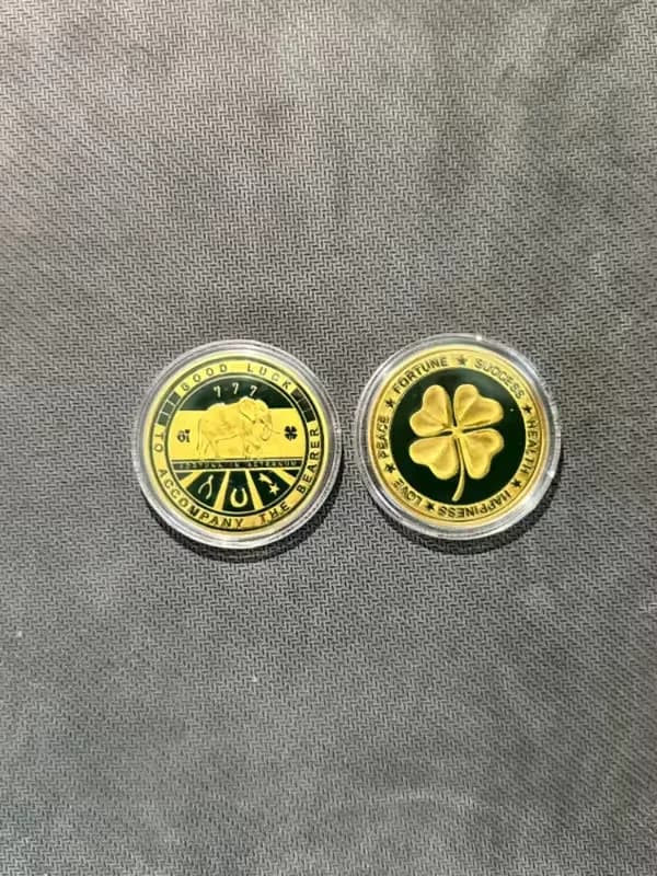 Pièce de monnaie peinte trèfle à quatre feuilles porte-bonheur