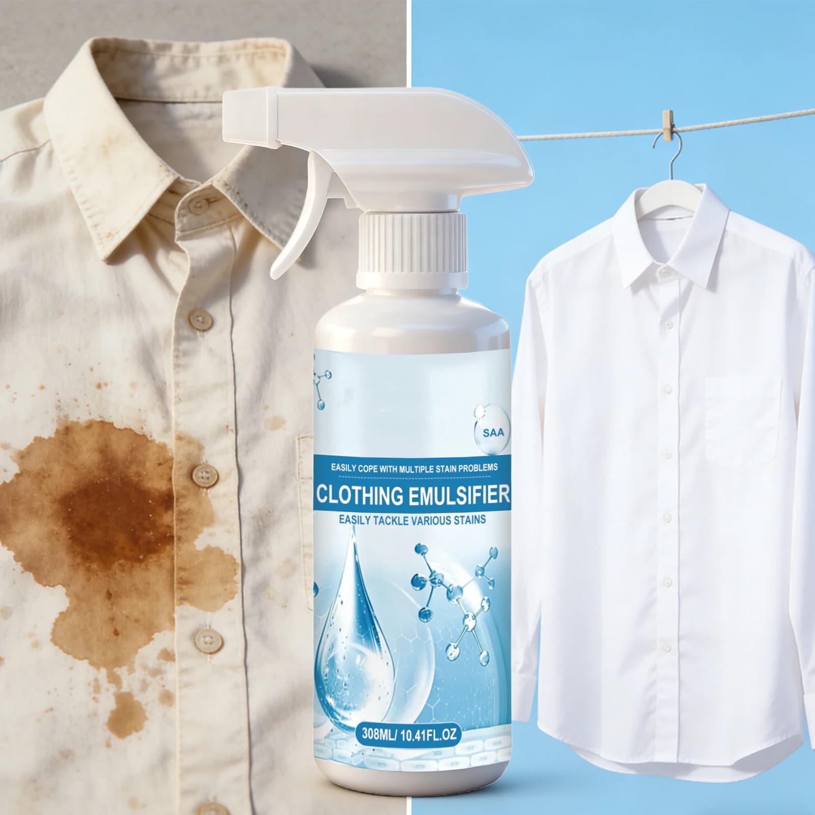 Spray émulsifiant détachant pour vêtements, élimination des taches d'huile, de graisse, de sang et de sueur sur les vêtements blancs, nettoyant tout usage 308ml