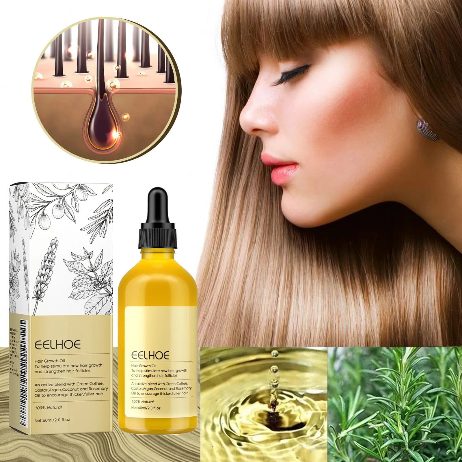 Huile essentielle de romarin Dense pour cheveux, 60ml, lavande végétalienne, réparation des dommages des cheveux, prévient la perte de cheveux, cheveux lisses, nourrit, huile de soin capillaire