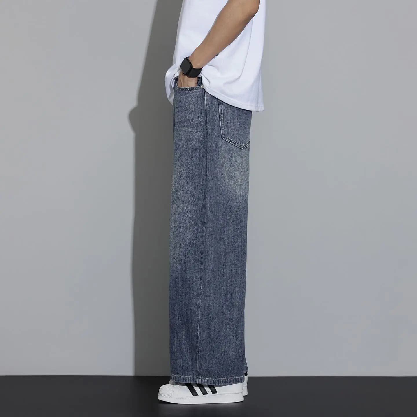 Jean pour homme Printemps 2026 Polyvalent Décontracté Délavé Coupe Droite Ample Longueur 7/8