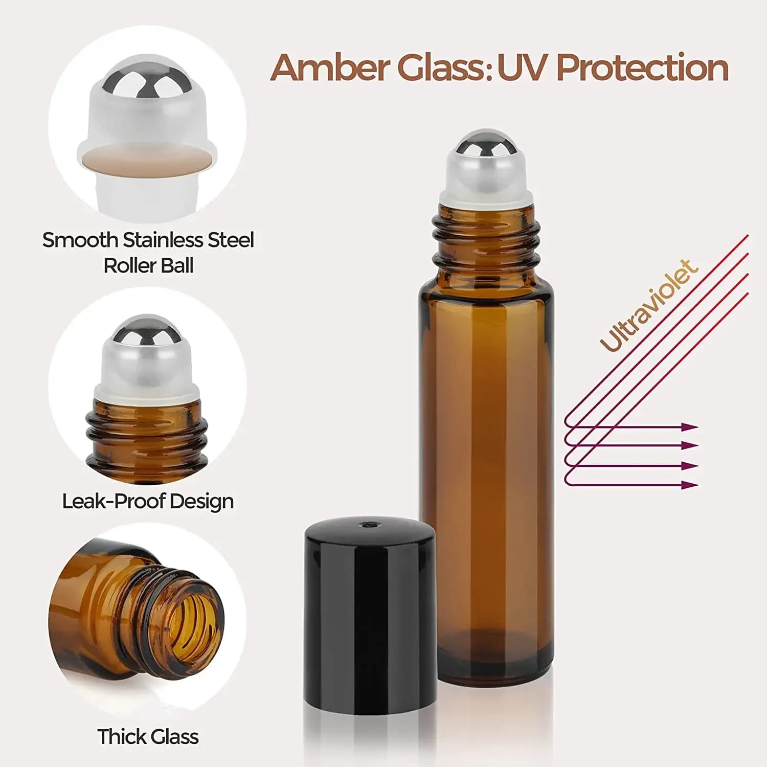 Bouteilles en verre à rouleau pour huiles essentielles, rouleau en verre rechargeable ambre, flacons d'huile métalliques, Mini bouteille, 5 à 50 pièces, 1ml, 2ml, 3ml, 5ml, 10ml