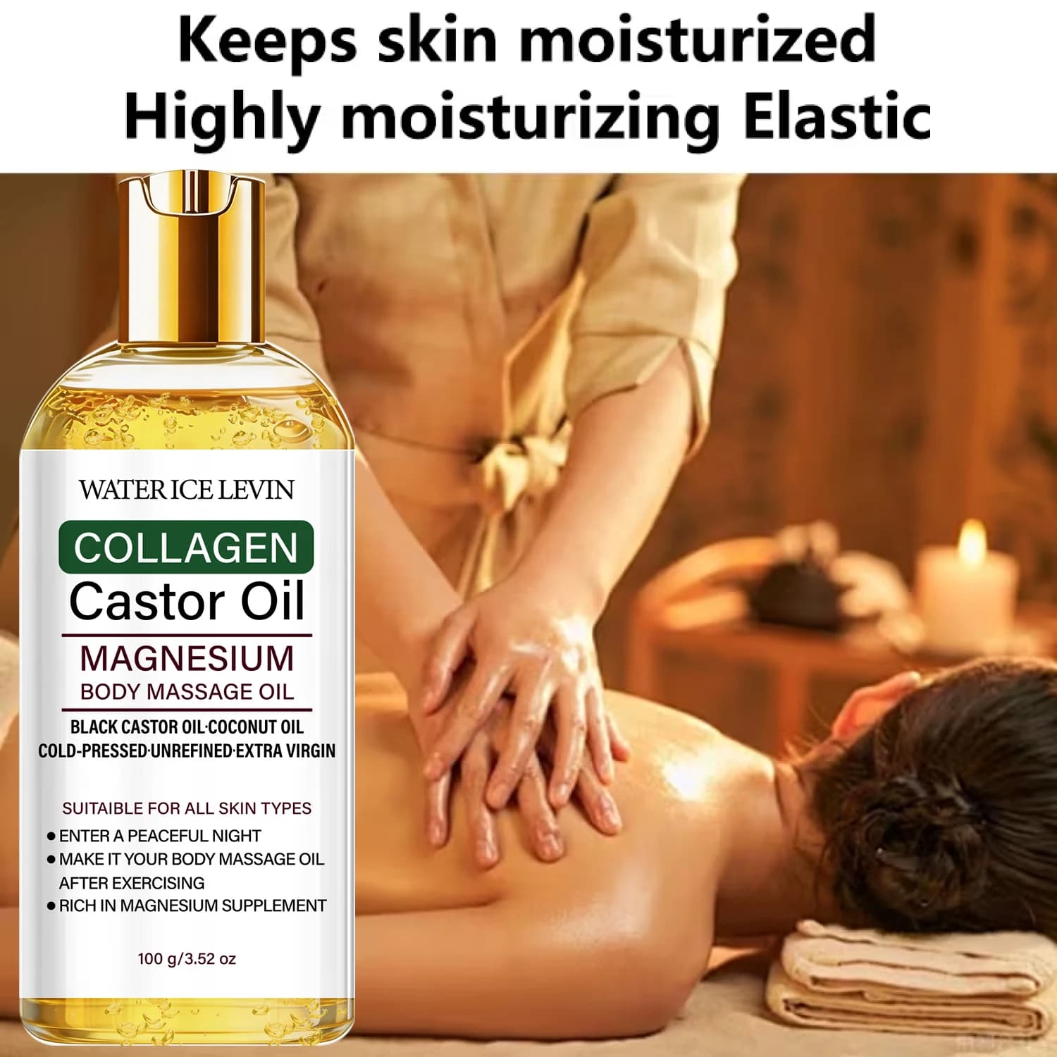 Huile de ricin pressée à froid pour massage corporel avec collagène et magnésium, soin hydratant