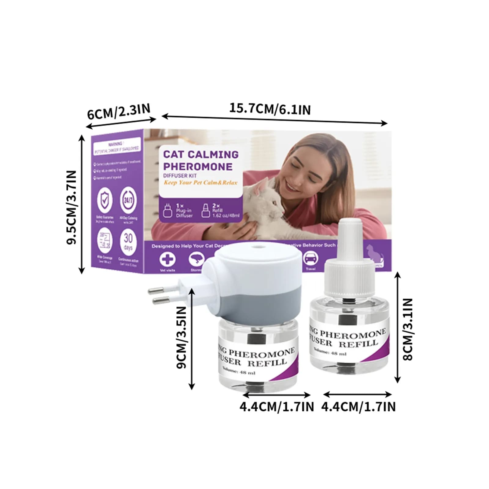 Diffuseur apaisant pour animaux de compagnie avec 2 liquides apaisants 3 en 1, phéromones pour animaux de compagnie, soulagement du stress, réduction de l'anxiété, réduction de l'agressivité, aboiemen