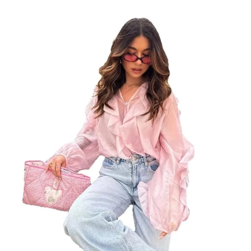 Chemisier élégant à col en V pour femme, printemps 2026, à simple boutonnage, manches longues, décoratif laminé, uni, 2 couleurs, vêtements pour femme