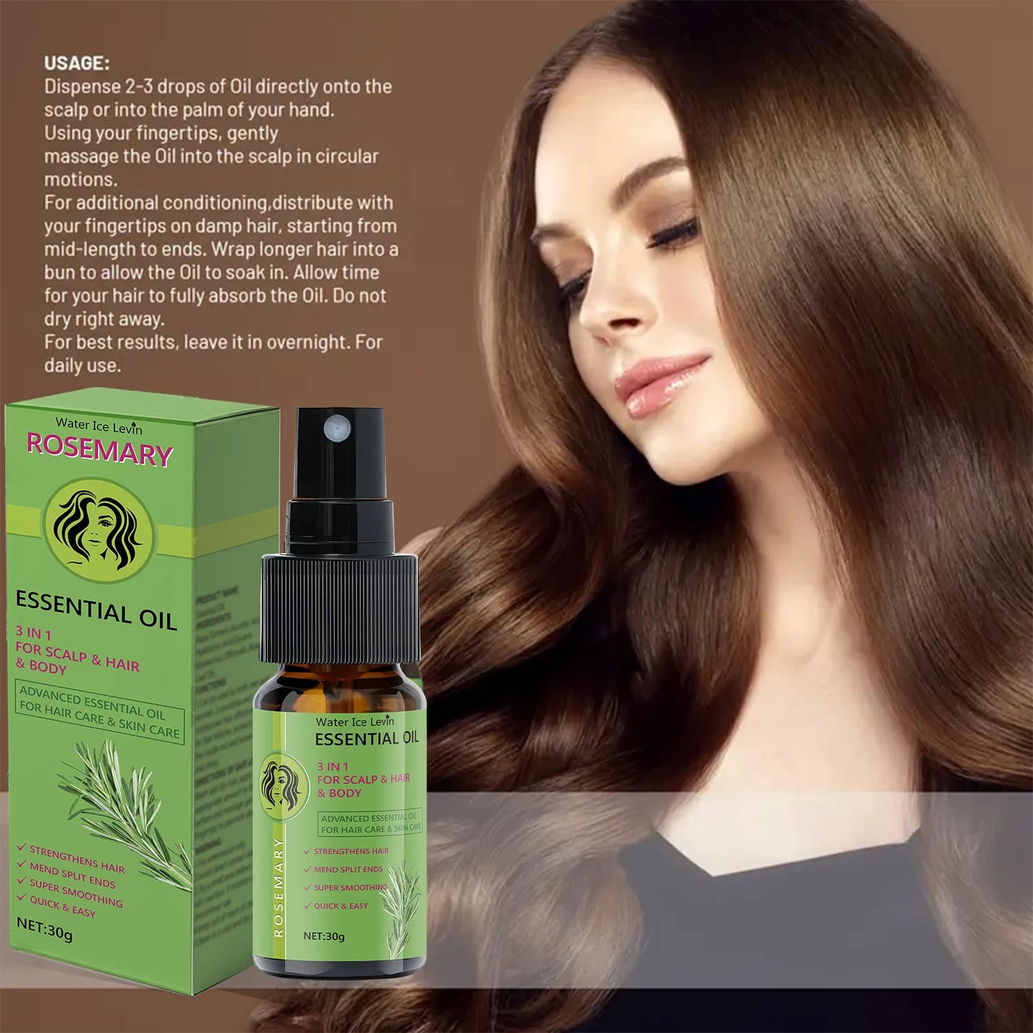 Huile Essentielle de Romarin 3 en 1 pour Cheveux et Cuir Chevelu - Renforce et Lisse, Anti-Frisottis, Nutrition Hivernale, Absorption Rapide