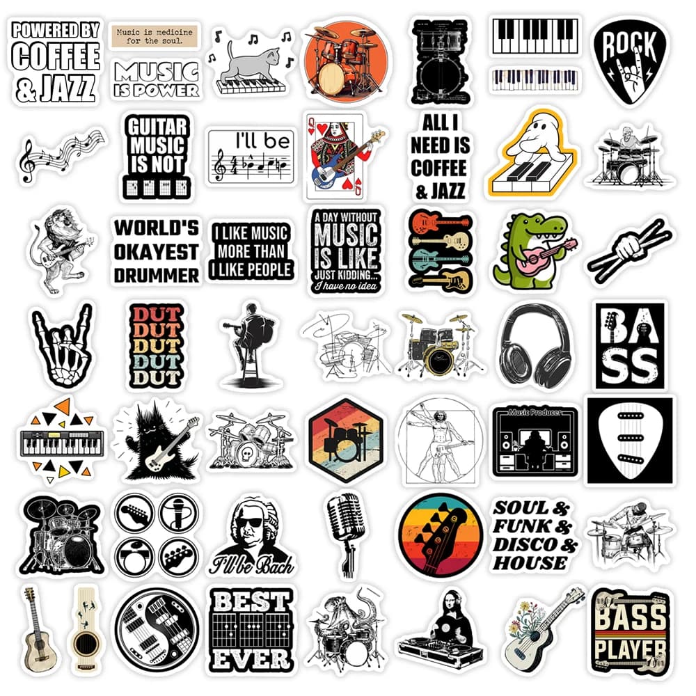 Bande de musique Rock Roll autocollants guitare basse tambour bricolage enfants jouet cadeau pour téléphones ordinateurs portables bouteilles bagages décoratif étanche décalcomanie