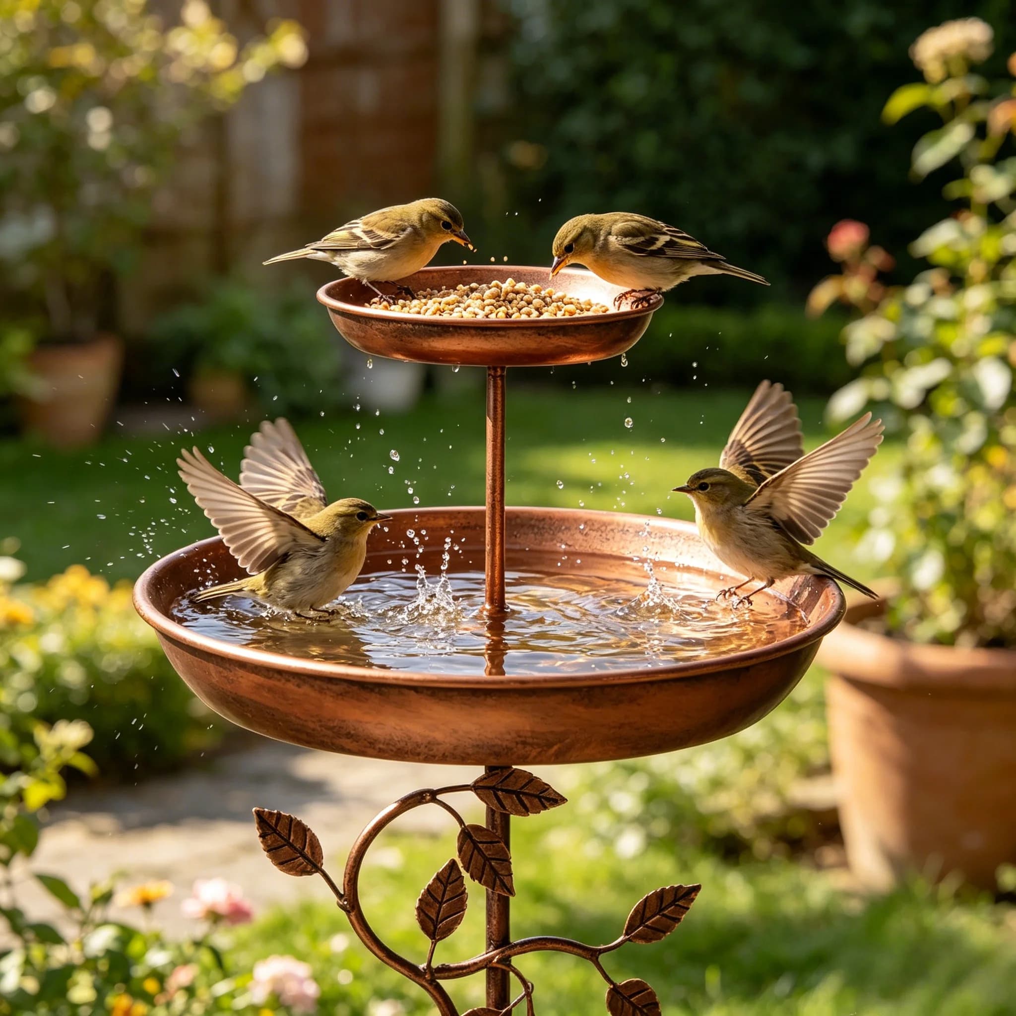 Mangeoire à oiseaux vintage en cuivre à cinq pieds et à double couche
