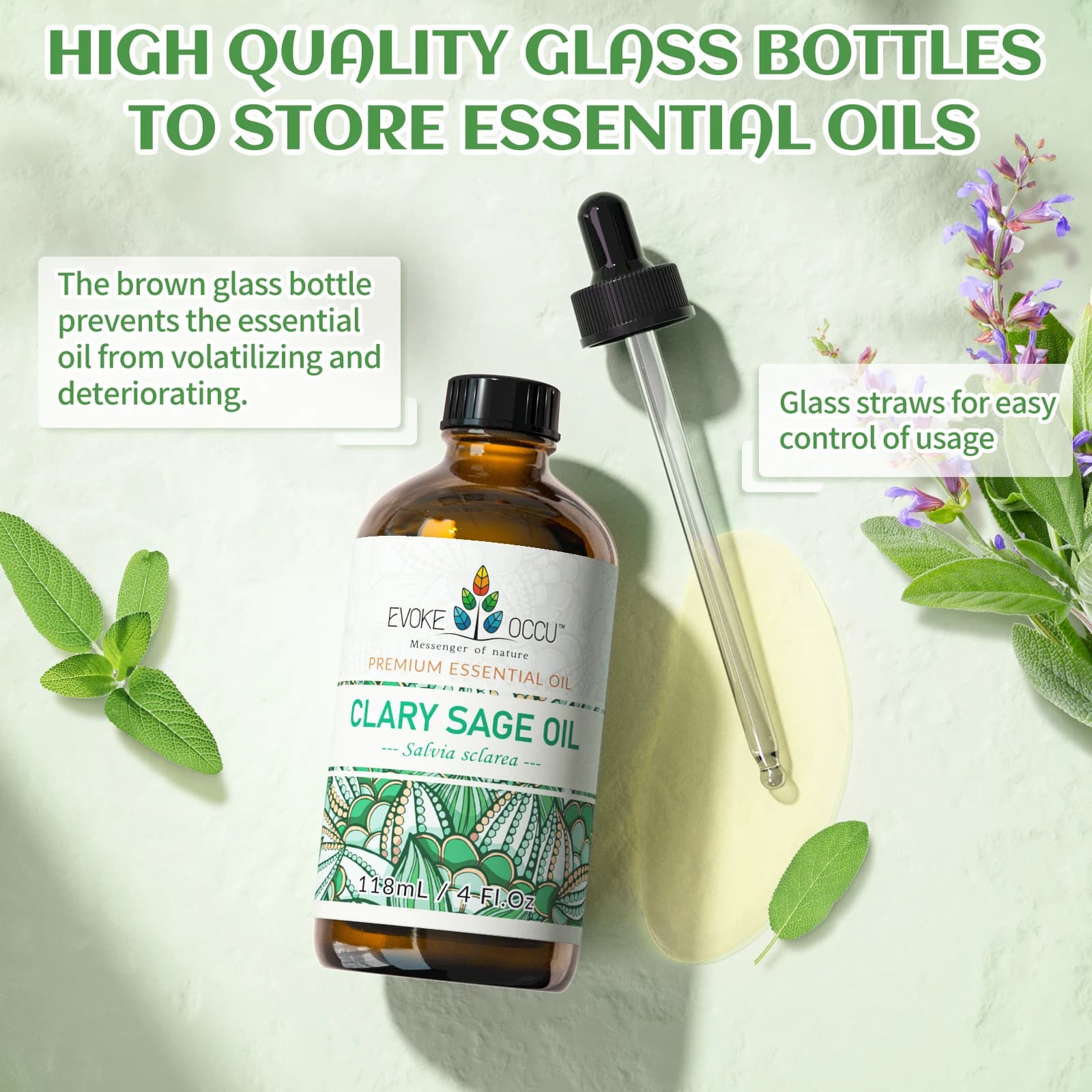 Huiles essentielles de sauge sclarée EVOKE OCCU, 118 ml/4 fl.oz. Huile végétale de qualité supérieure pour diffuseur, humidificateur, fabrication de bougies et de savons, massage