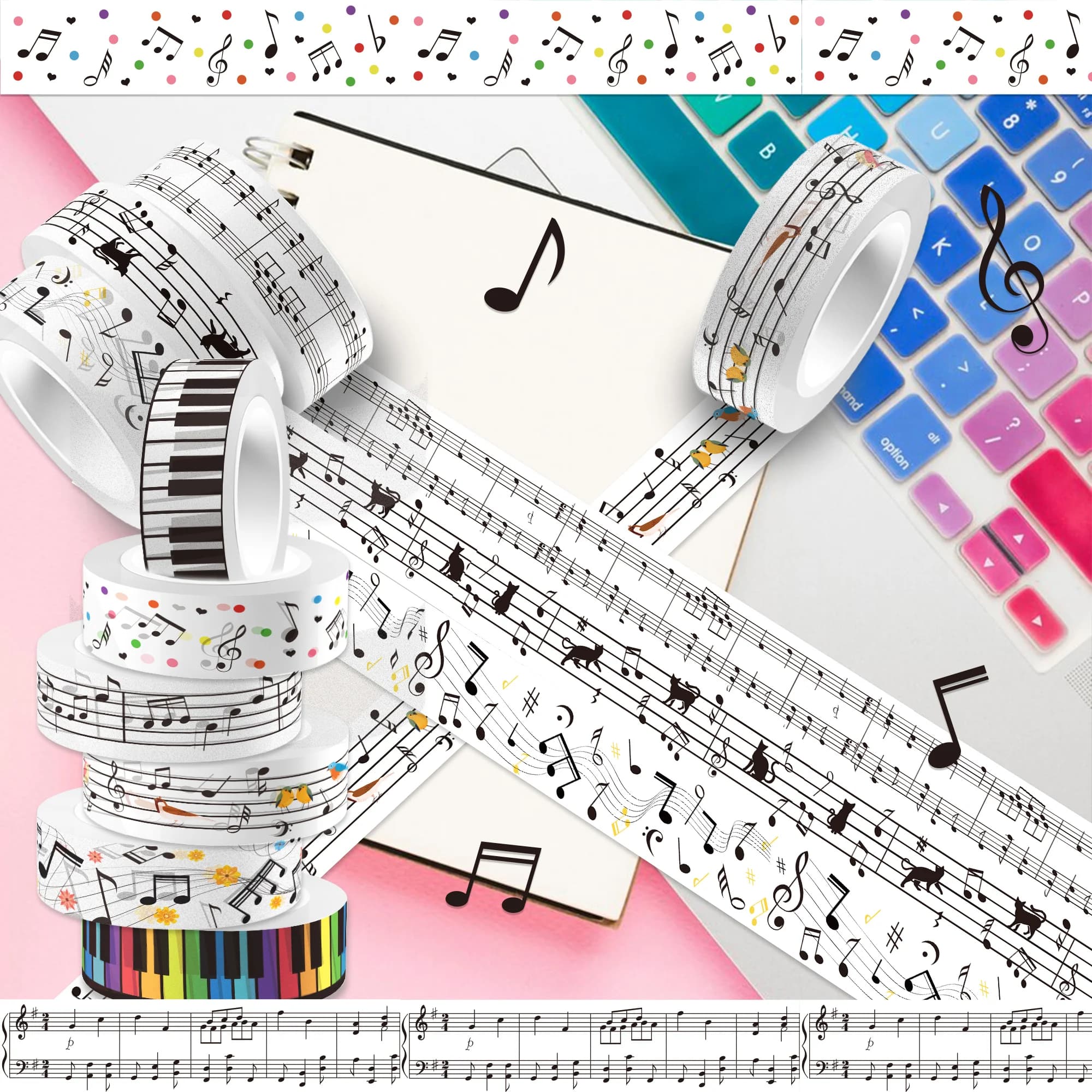 12 rouleaux de ruban Washi musical, ensemble de notes musicales, touches de guitare, Piano, rubans de masquage décoratifs F3024