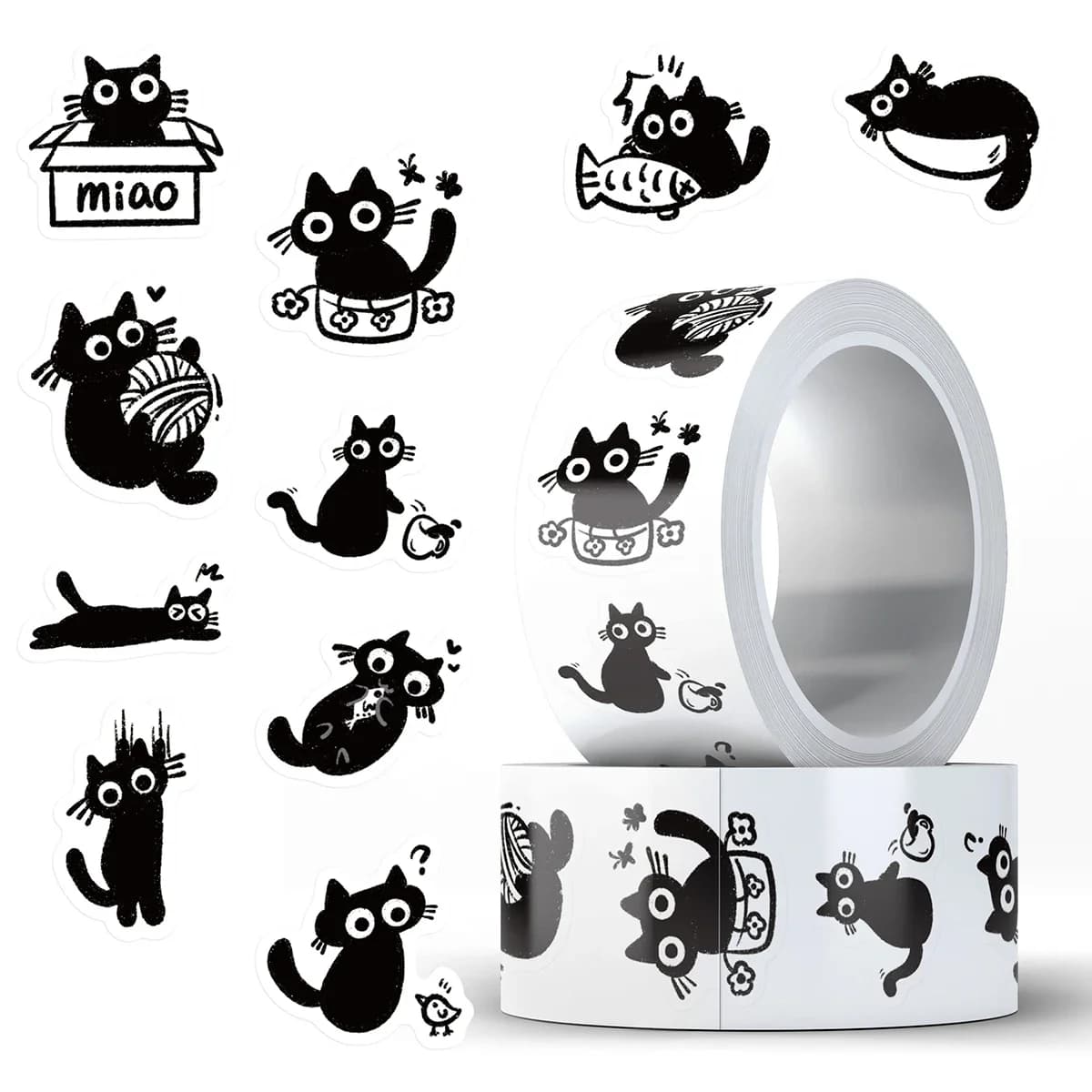 500 autocollants en rouleau motif chat de dessin animé mignon, décoratifs DIY pour guitare, téléphone, ordinateur portable, journal, scrapbooking, scellage d'enveloppes