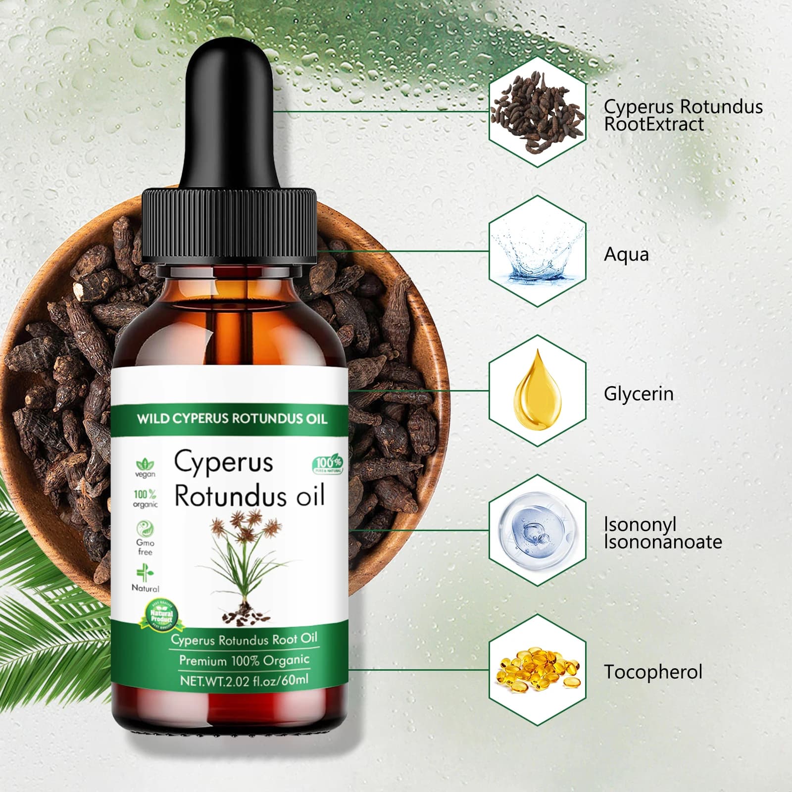 Huile de racine biologique Wild Cyrperus Rotundus (herbe aux noix) 60 ml - Huile faciale végétalienne naturelle pour une peau apaisante, apaisante et nourrissante.