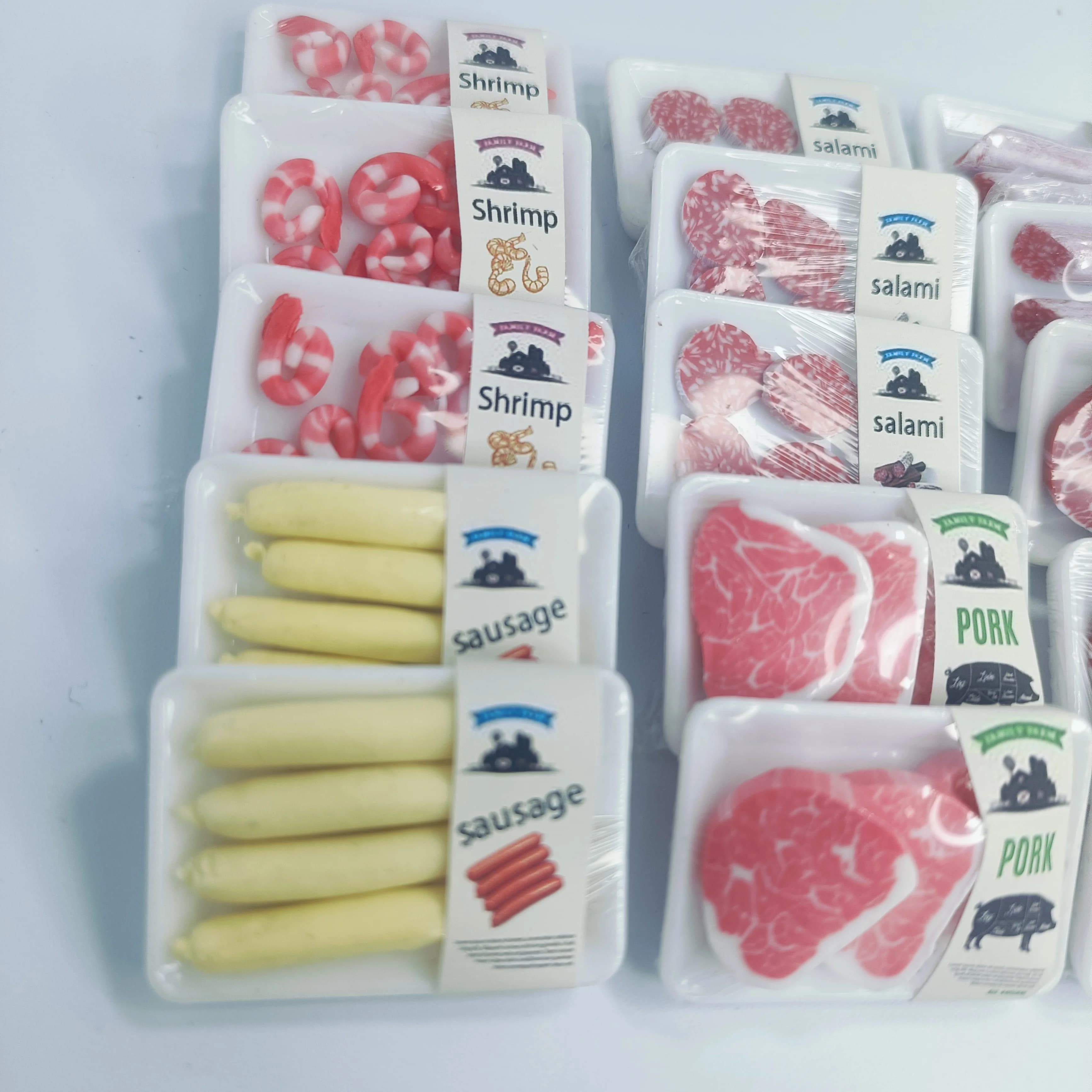 Nouveau 1 boîte 1/12 maison de poupée Miniature supermarché simulation alimentaire steak de bœuf saumon Bacon poulet
