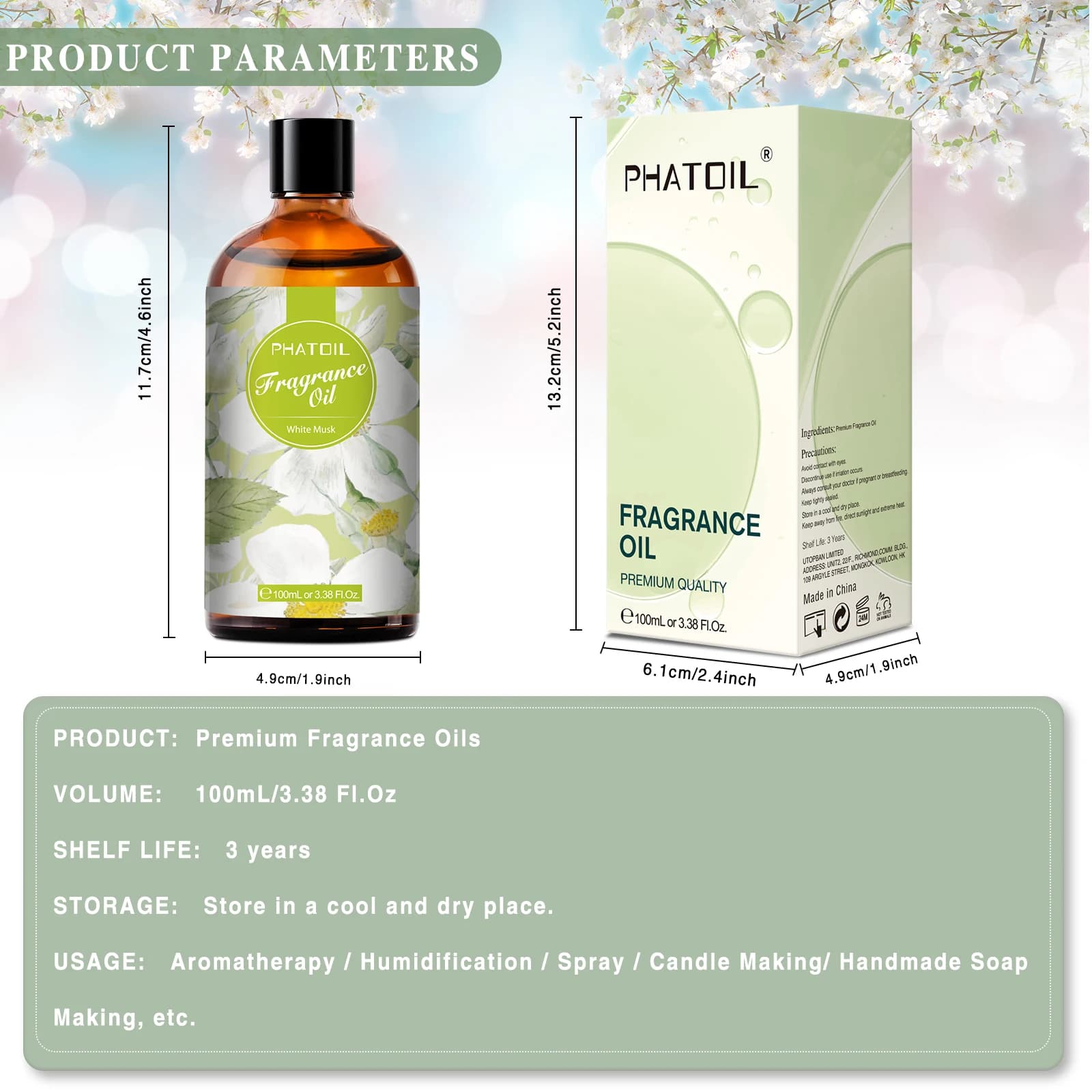 PHATOIL 100ml huiles parfumées série fleur pour diffuseur fabrication de bougies musc blanc gomme à bulles brise de mer bébé poudre arôme huile