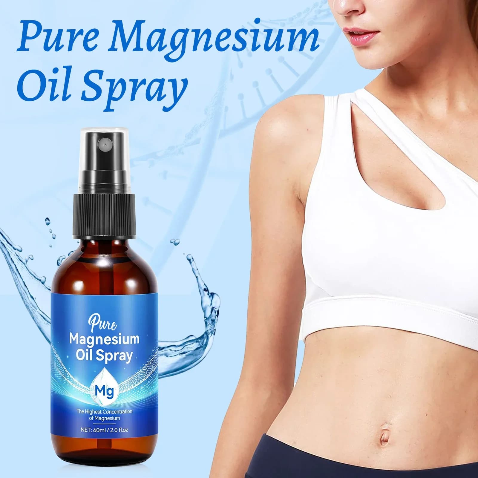 Huile de magnésium naturelle 60 ml - 10% de concentration minérale la plus élevée pour les soins de la peau et du corps. Spray à formule de chlorure à absorption rapide.