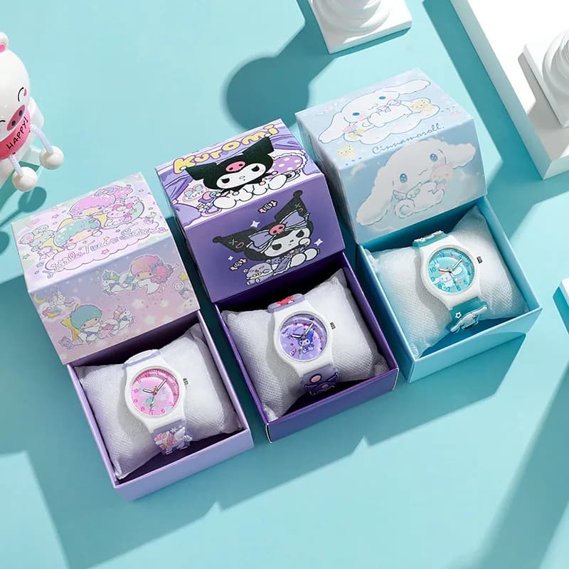 3D Hello Kitty enfants montres avec boîte cannelle Kuromi mélodie filles montre Anime figurines modèle jouets enfant horloge cadeau