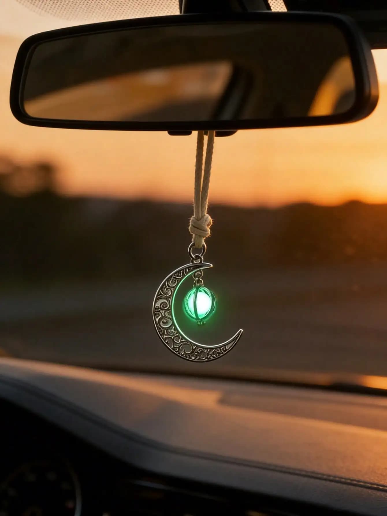 Ornement suspendu de voiture pendentif lune lumineuse – Design croissant creux, incrusté de pierre lumineuse, décor de rétroviseur élégant