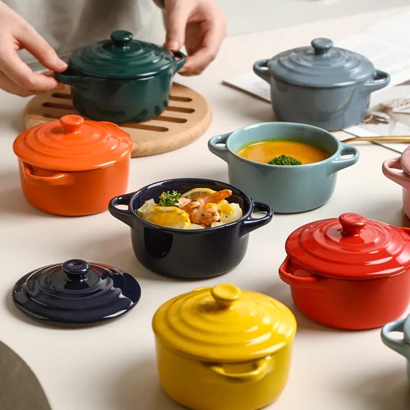 Bol Borscht léger luxe en céramique petite tasse à soupe avec couvercle double oreille ragoût pot maison nid d'oiseau