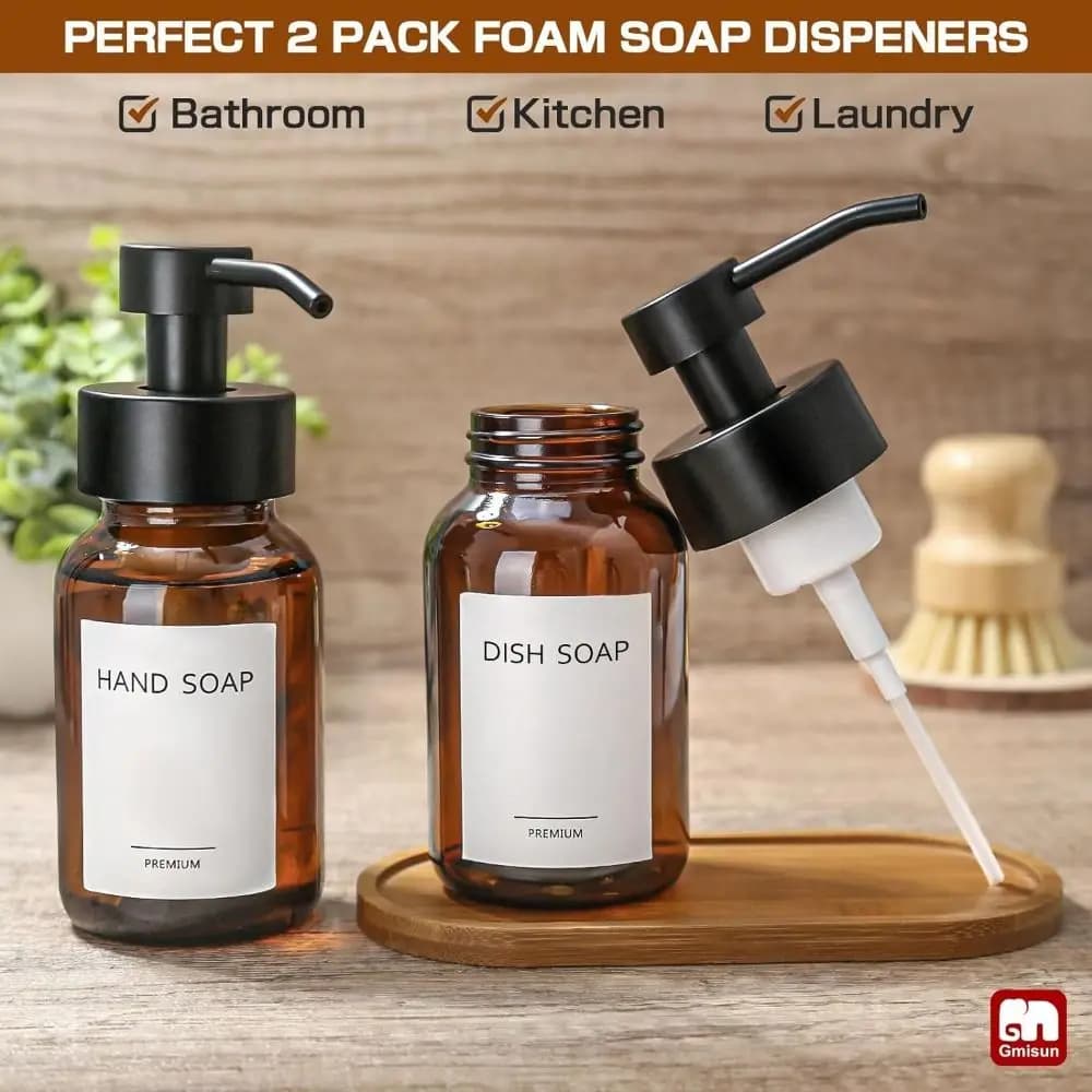 Distributeur de savon en pot de verre ambré avec pompe à mousse