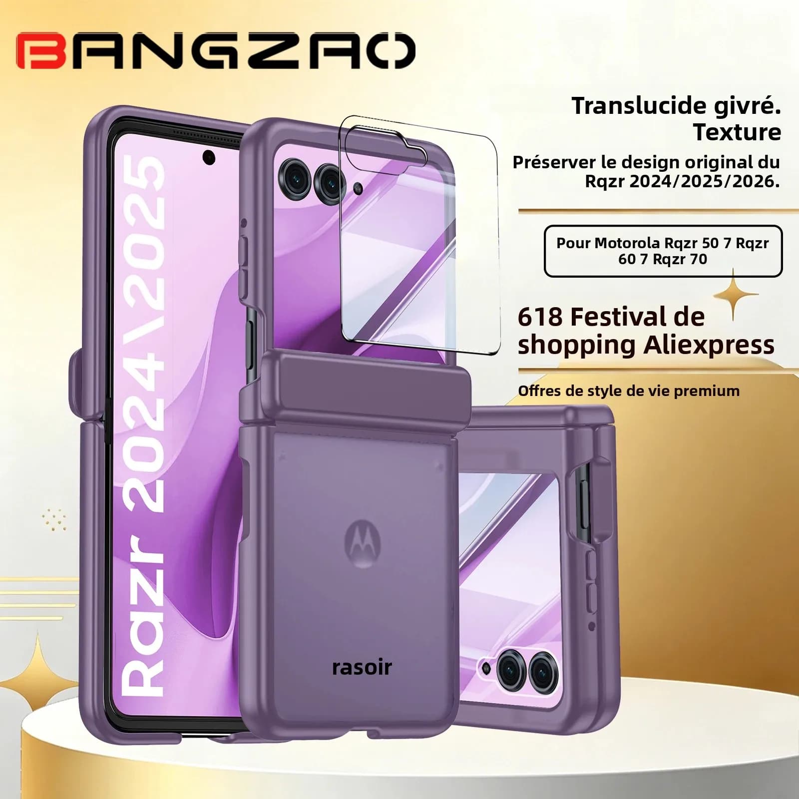 Soldes 618! Étui pour Moto Razr 50/60/70, protection anti-chute de qualité militaire, coque antichoc à 3 couches avec charnière et protection d'écran - Violet