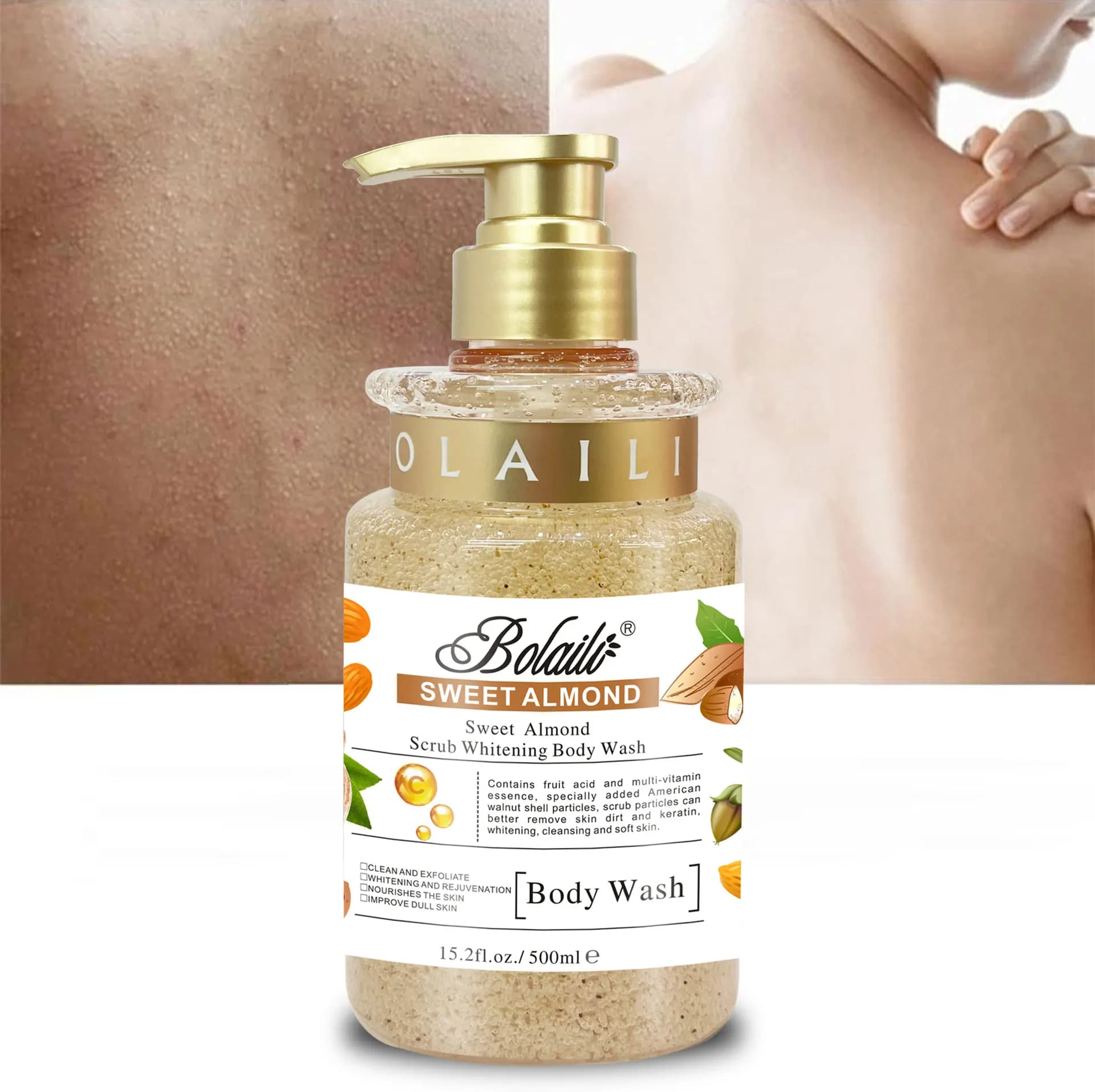Gel Douche Exfoliant et Hydratant à l'Amande Douce, Éclaircissant et Nettoyant en Profondeur pour les Pores, 500ml