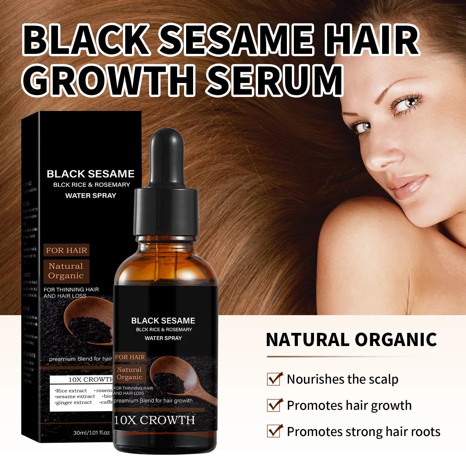 Sérum de croissance capillaire au sésame noir et caféine 30 ml - avec extrait de gingembre, nourrit le cuir chevelu, réduit l'amincissement et renforce les racines