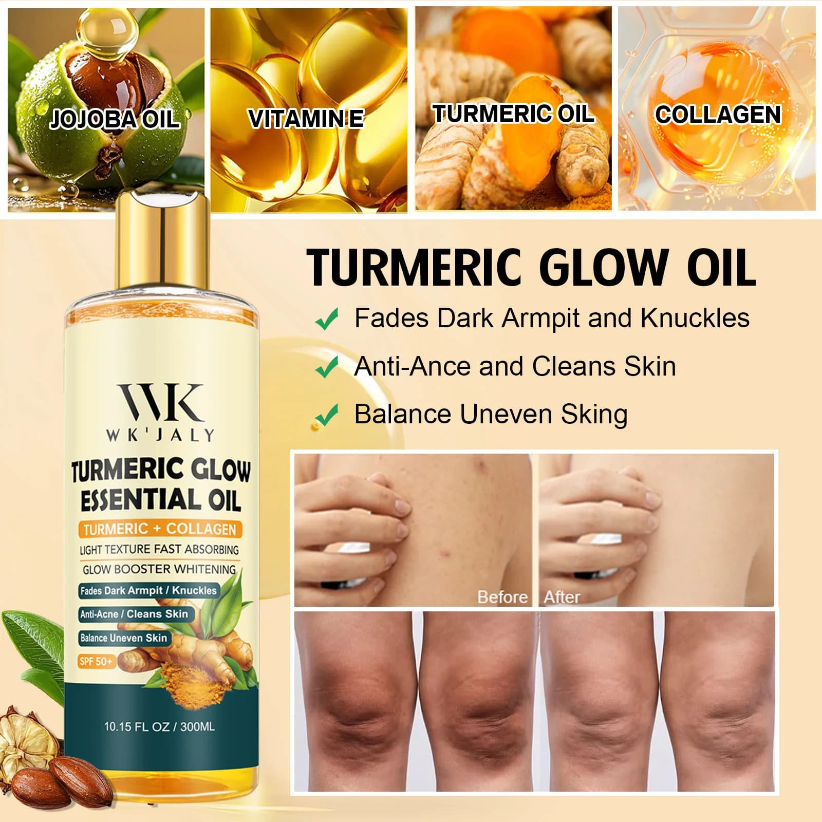Huile pour le corps éclaircissante WK JALY, hydratation intense, hydratation, peau lisse, réduction des taches, mélanine, pour peaux foncées, noires, caramel