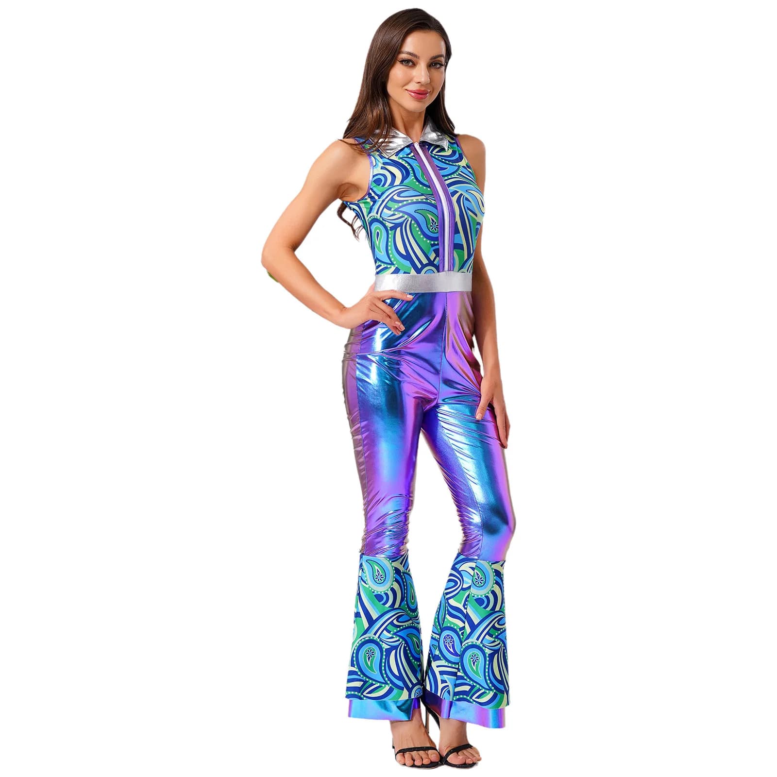 Barboteuse de danse Disco pour femmes des années 70, imprimé Chic et Patchwork métallique brillant, sans manches, pantalon Long évasé à plusieurs niveaux, combinaison pour fête