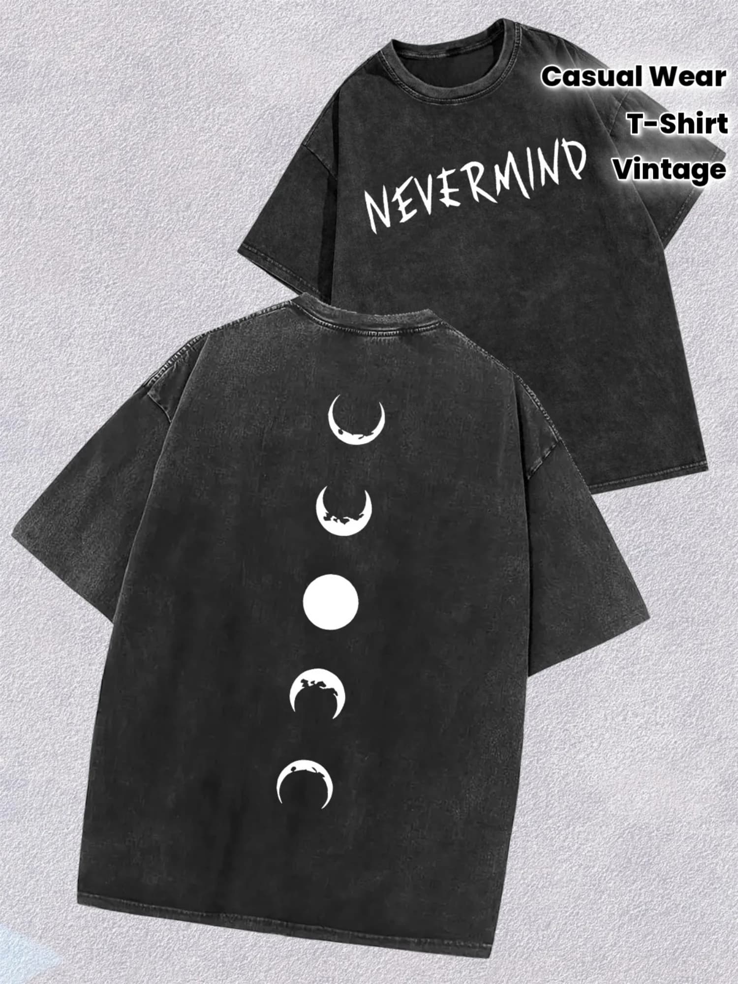 T-shirt imprimé rétro pour femme - Haut ample style streetwear - Motif ciel étoilé noir et blanc, soleil et lune