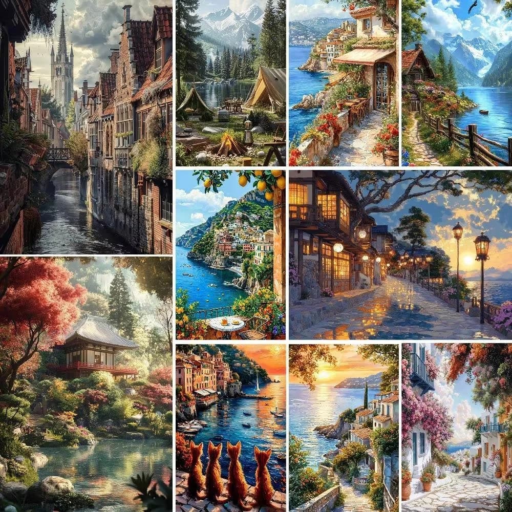 Peinture à l'huile DIY par numéros : Paysage de ville en bord de mer avec peinture à numéros sur toile pour décoration de salon et de maison