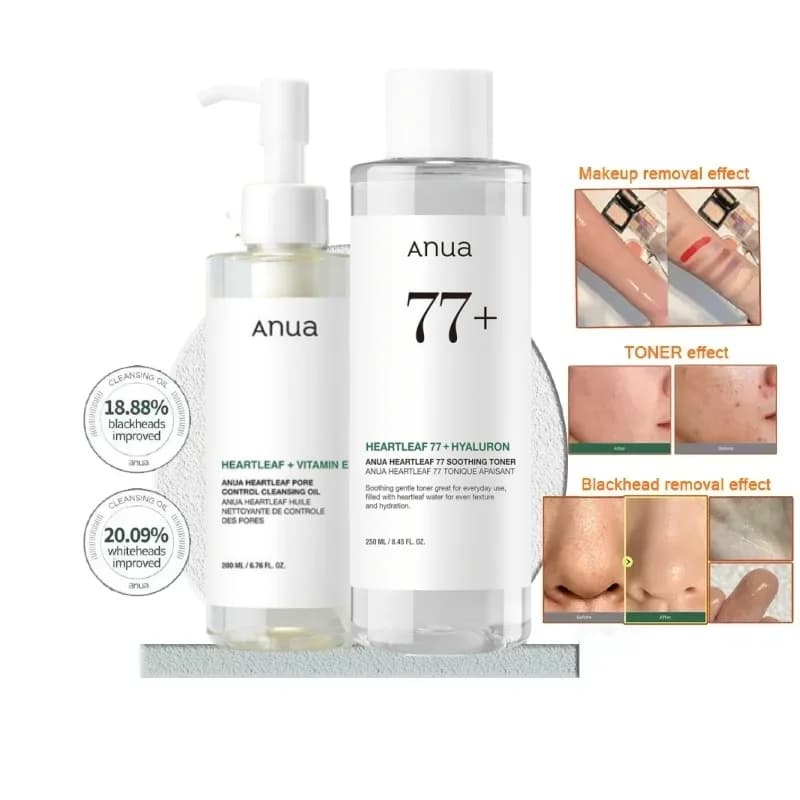 Ensemble de soins coréens ANUA Heartleaf 77 : Tonique apaisant pour l'acné, lotion quotidienne, mousse nettoyante en profondeur et huile nettoyante pour le visage