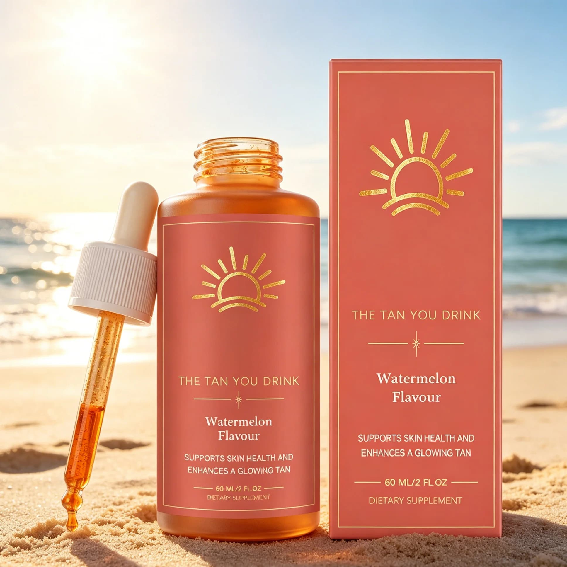 Gouttes autobronzantes buvables saveur pastèque pour booster la mélanine et obtenir un éclat bronzé naturel - Complément de bronzage