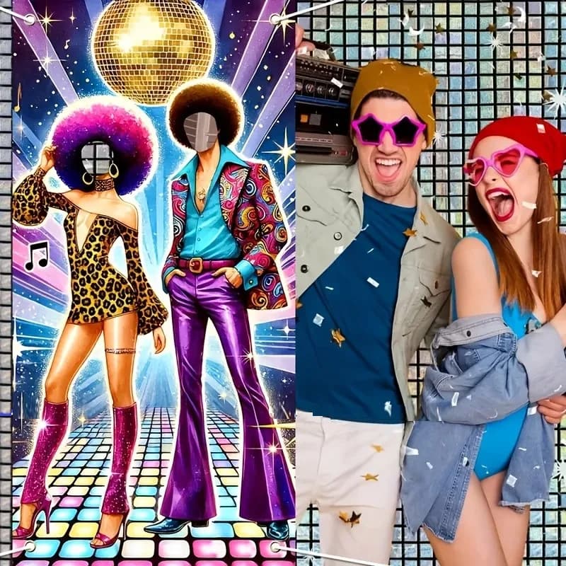 Toile de fond pour stand photo de fête de danse disco des années 70 – Bannière creuse sur le thème rétro avec néons