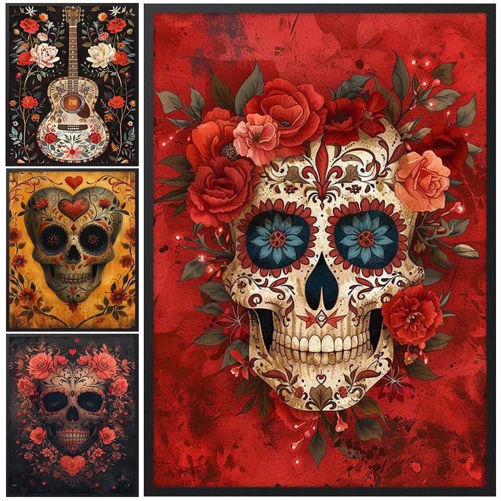 Affiches murales de crâne de fleur, le jour des morts au mexique, images murales pour salon, guitare, peinture sur toile d'art mural sans cadre