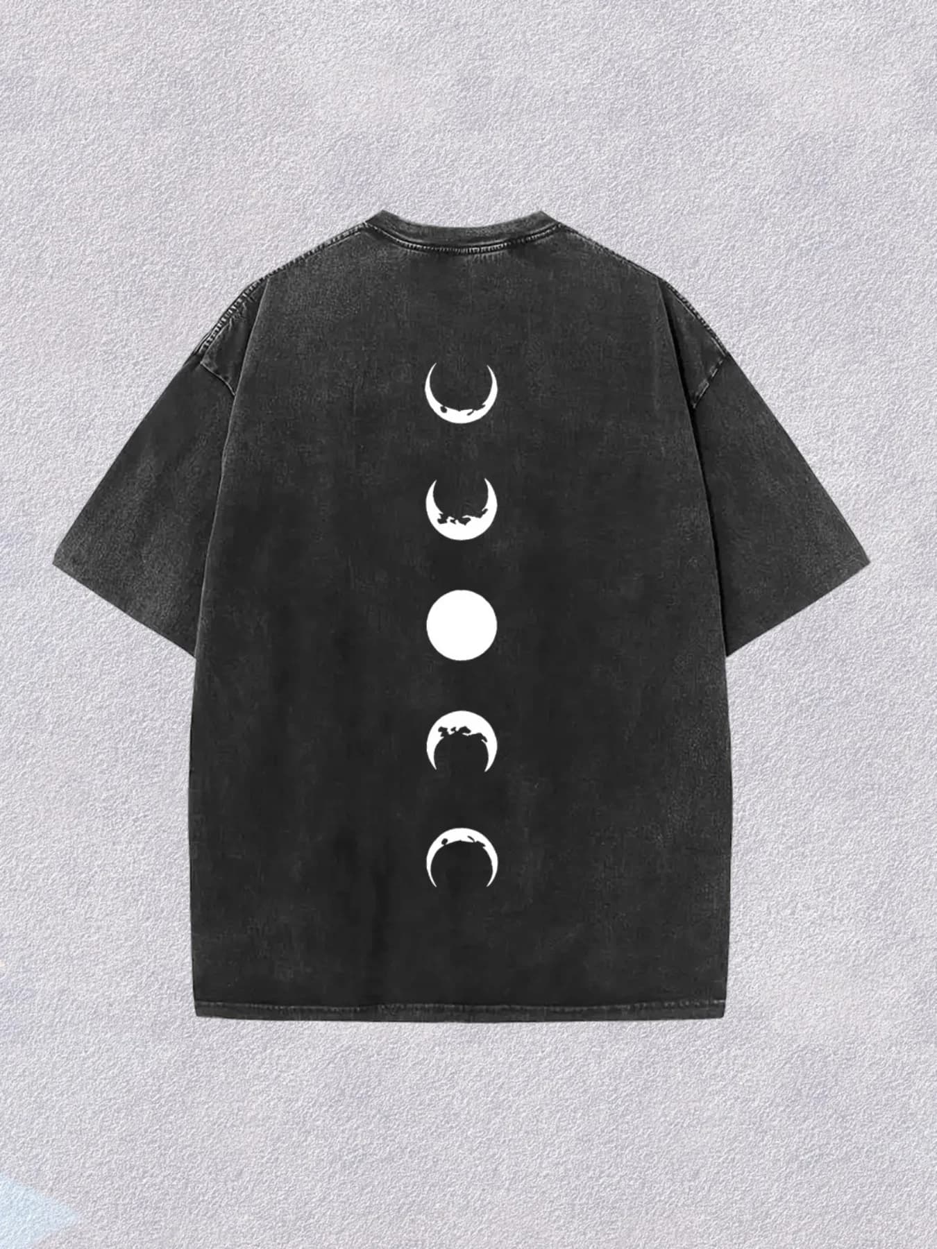 T-shirt imprimé rétro pour femme - Haut ample style streetwear - Motif ciel étoilé noir et blanc, soleil et lune