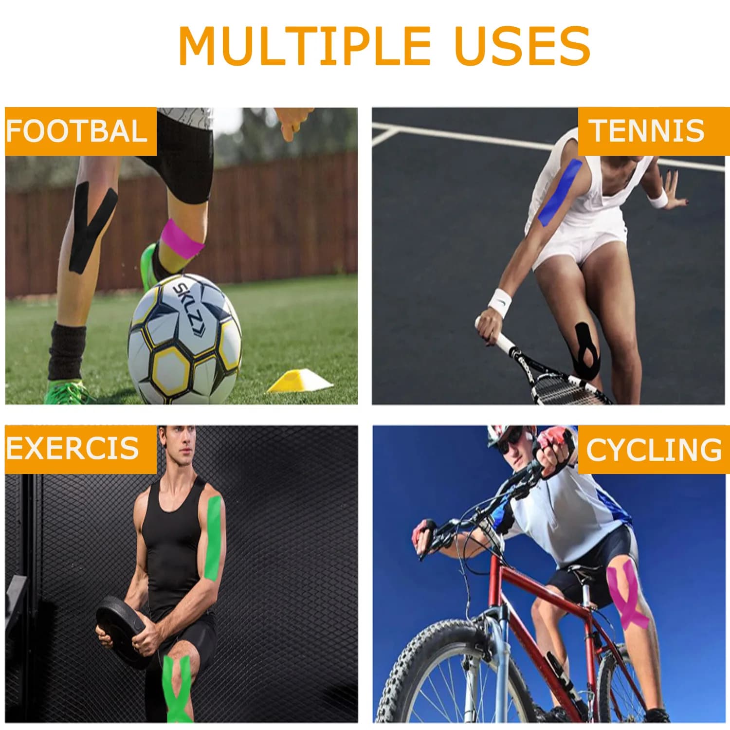 4 rouleaux de bande de kinésiologie, bande athlétique élastique en coton, 20 bandes prédécoupées de 10 pouces, chaque bande de sport pour la prévention des blessures au soutien musculaire