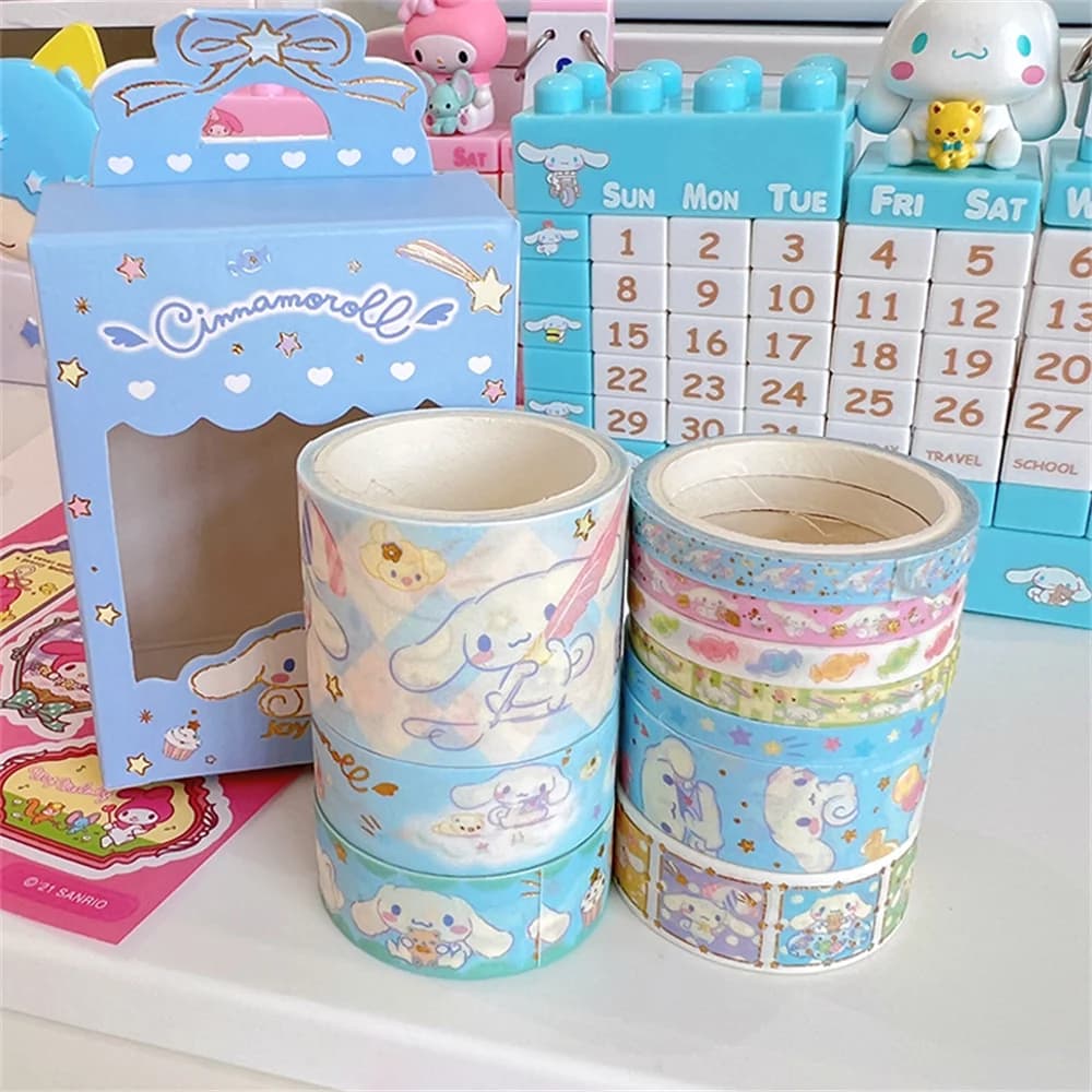 10 rouleaux/boîte Sanrio Hello Kitty Cinnamoroll, autocollants en ruban, autocollants mignons de dessins animés, autocollants à chaud pour carnet, jouets, cadeaux