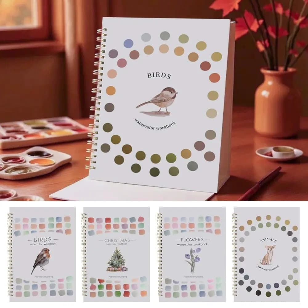 Cahier d'exercices d'aquarelle pour débutants avec pinceau et palette de couleurs, fournitures de peinture artistique, livre de peinture à l'aquarelle