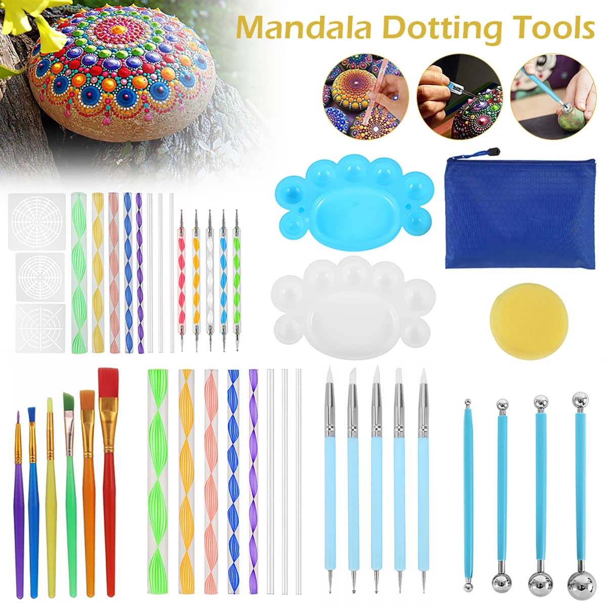 Outils de pointage de Mandala pour Kits de peinture sur roche, stylo d'art, pochoir de peinture, stylet de dessin, brosse, fournitures d'art, outil d'art de Mandala