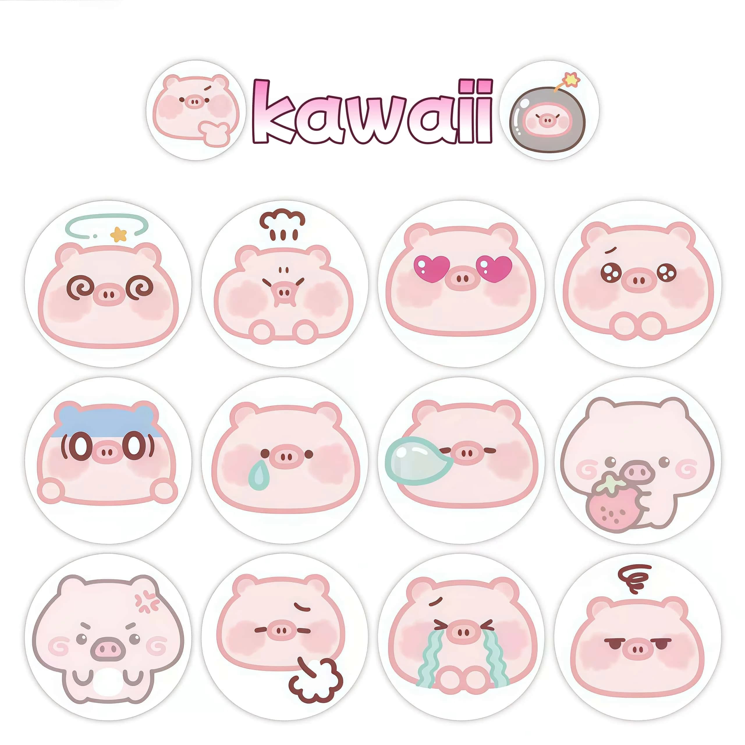 Rouleau d'autocollants cochon rose mignon, 500 pièces, autocollants ronds avec expressions adorables multiples pour la décoration, le bricolage et les cadeaux