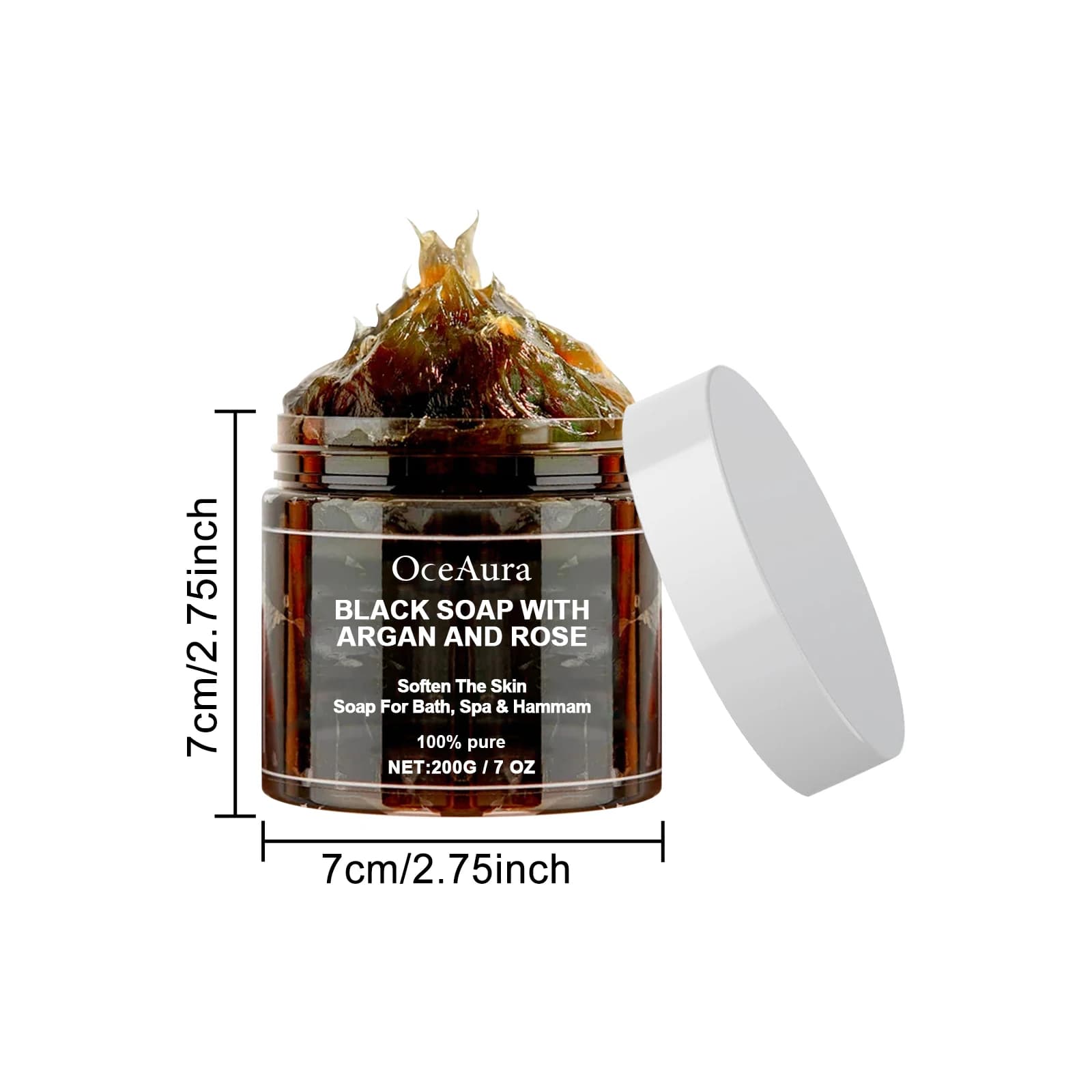 Savon noir OCEAURA à l'argan et à la rose, savon noir Beldi, idéal pour éliminer les peaux mortes, gommage corporel, purification, nettoyage en profondeur, 200g
