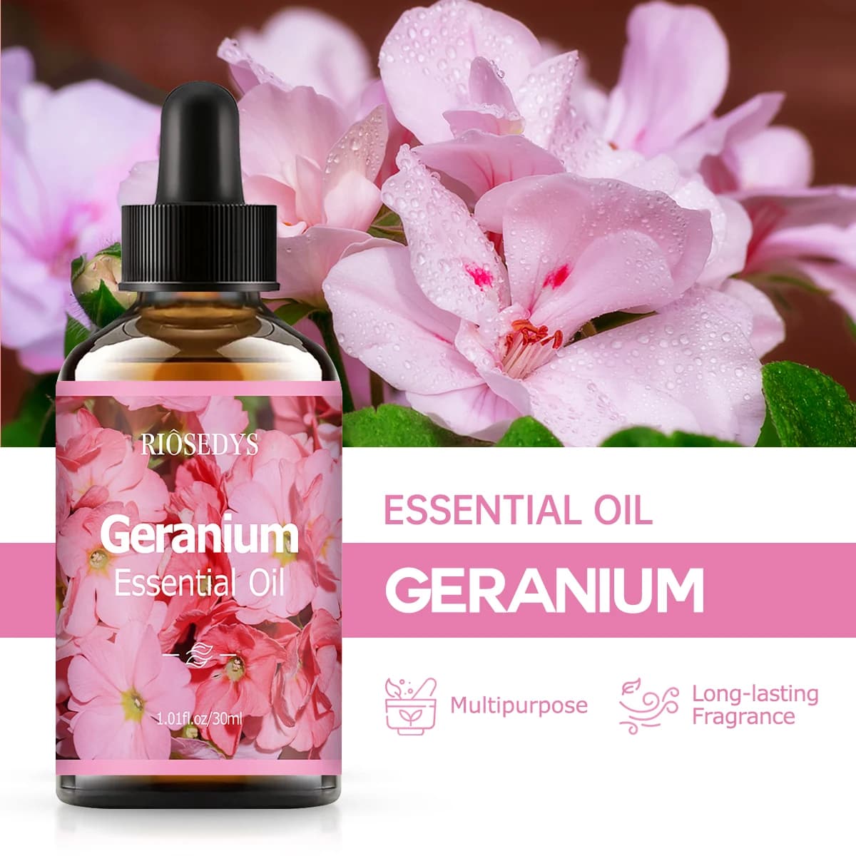Huile essentielle de géranium, parfum naturel, convient aux massages corporels, aux soins capillaires et aux diffuseurs.