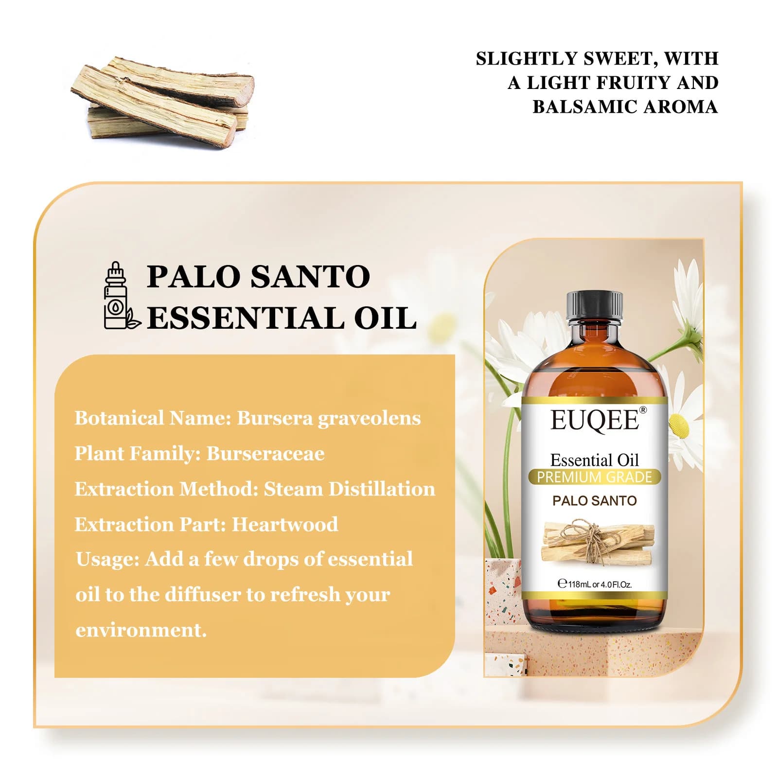 EUQEE 118 ml d'huile essentielle Palo Santo huiles essentielles d'aromathérapie pour diffuseur savon fabrication de bougies désodorisant-avec compte-gouttes
