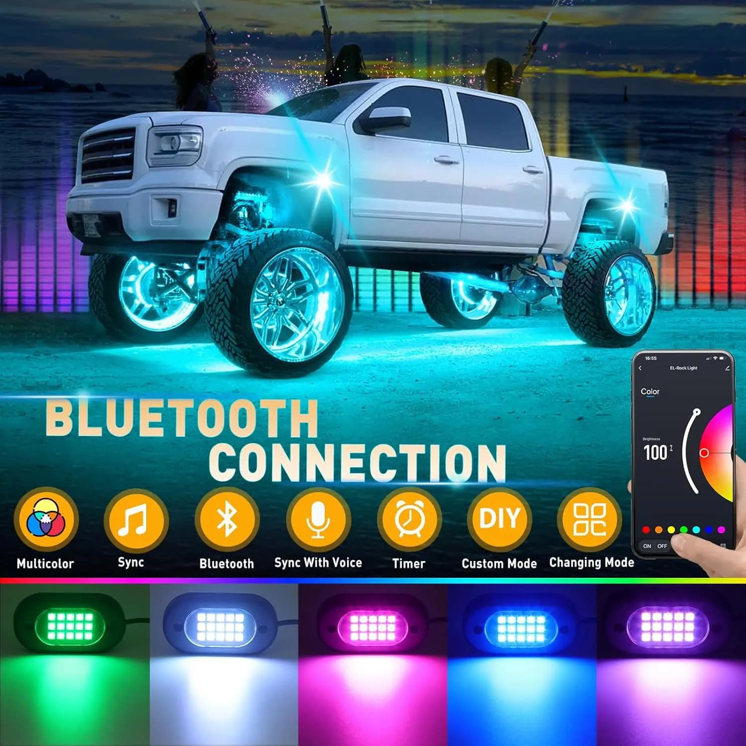 Feux LED RGB pour voiture, 4/6/8/10/12/14 modules, contrôle par application, musique, néon, éclairage de châssis pour tout-terrain, camion, SUV