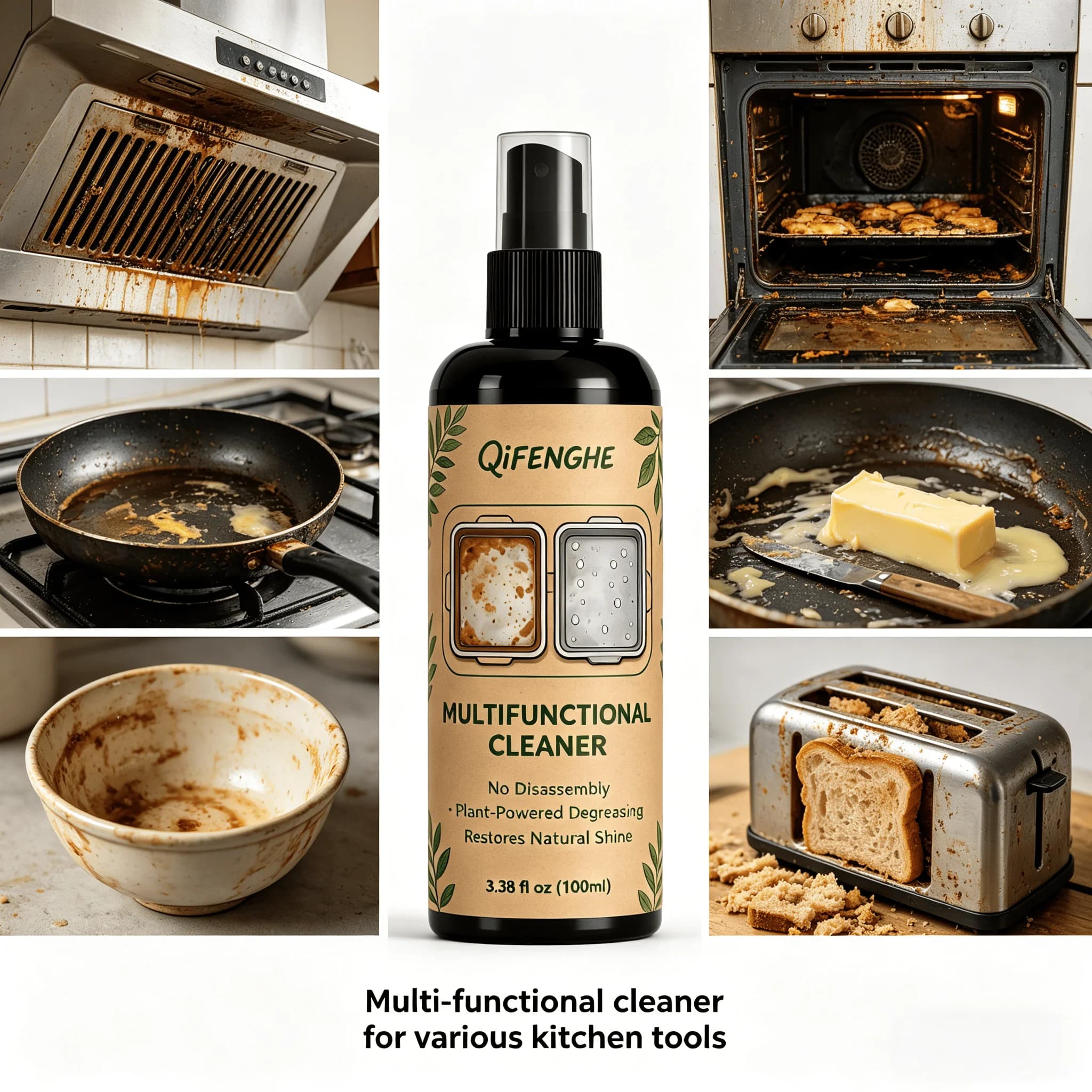 Spray dégraissant puissant pour taches d'huile, sans démontage, pour cuisine, four, cuisinière, hotte, friteuse à air, restaure la finition brillante