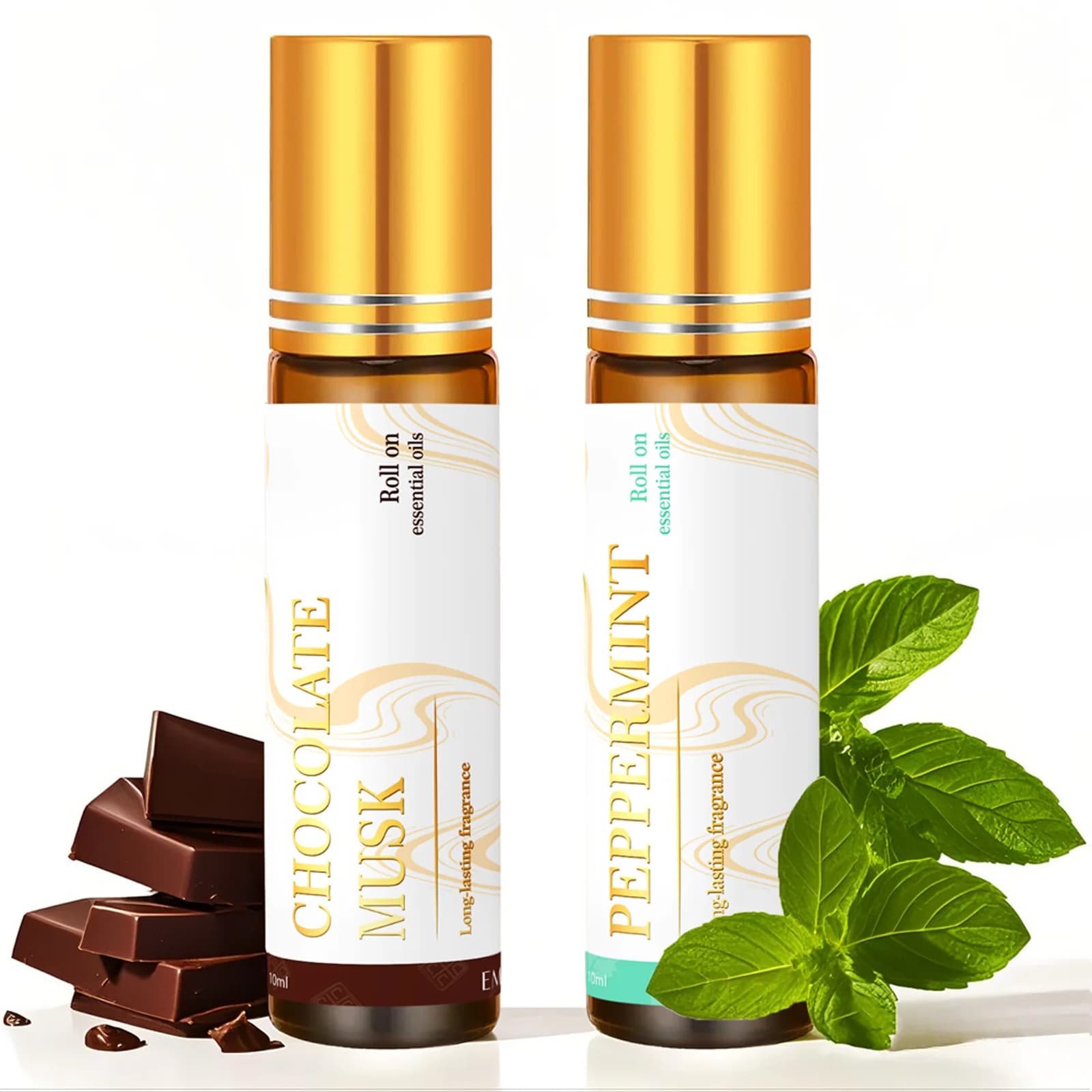 2PC/1PC 10ml Huiles essentielles roll-on au chocolat, musc et menthe poivrée, parfum longue durée