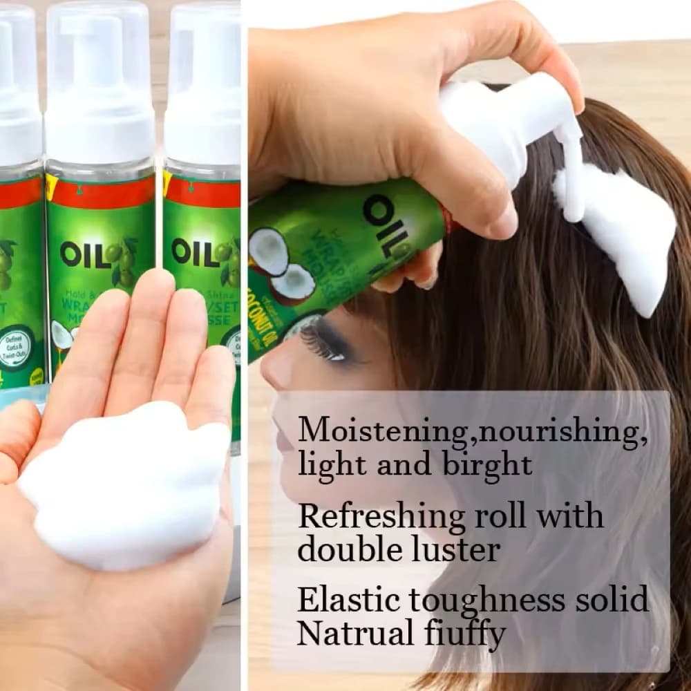 Mousse pour cheveux bouclés (100 ml) pour perruques, mousse coiffante à l'huile d'olive à tenue forte, mousse anti-frisottis pour coiffer les cheveux des femmes